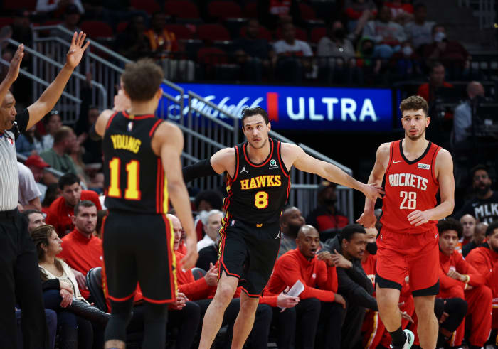 Apr 10, 2022; Houston, Texas, USA; Atlanta Hawks forward Danilo Gallinari (8) reacts after scoring a basket during the first quarter against the Houston Rockets at Toyota Center.